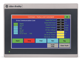 Allen-Bradley 7 inch Graphic Terminal displaying conveyor status and command settings with touch screen interface.